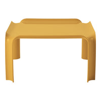 Bright yellow modern table with a sleek, minimalist design and smooth, uniform surface. Perfect for any space.
