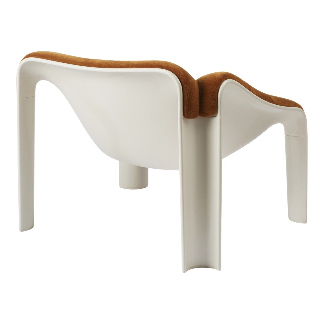 Modern chair with a sleek white finish and a warm brown velvet seat, featuring smooth, minimalist curves.