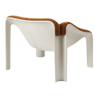 Modern chair with a sleek white finish and a warm brown velvet seat, featuring smooth, minimalist curves.