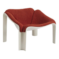 Red upholstered accent chair with a modern design and soft, curved lines on a white frame. Perfect for stylish interiors.