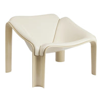 "Minimalist cream lounge chair with a sleek, smooth finish, featuring a unique, contemporary design."