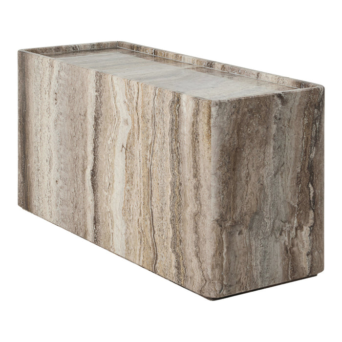 Rectangular travertine table featuring soft beige, cream, and taupe tones with subtle natural veining patterns.