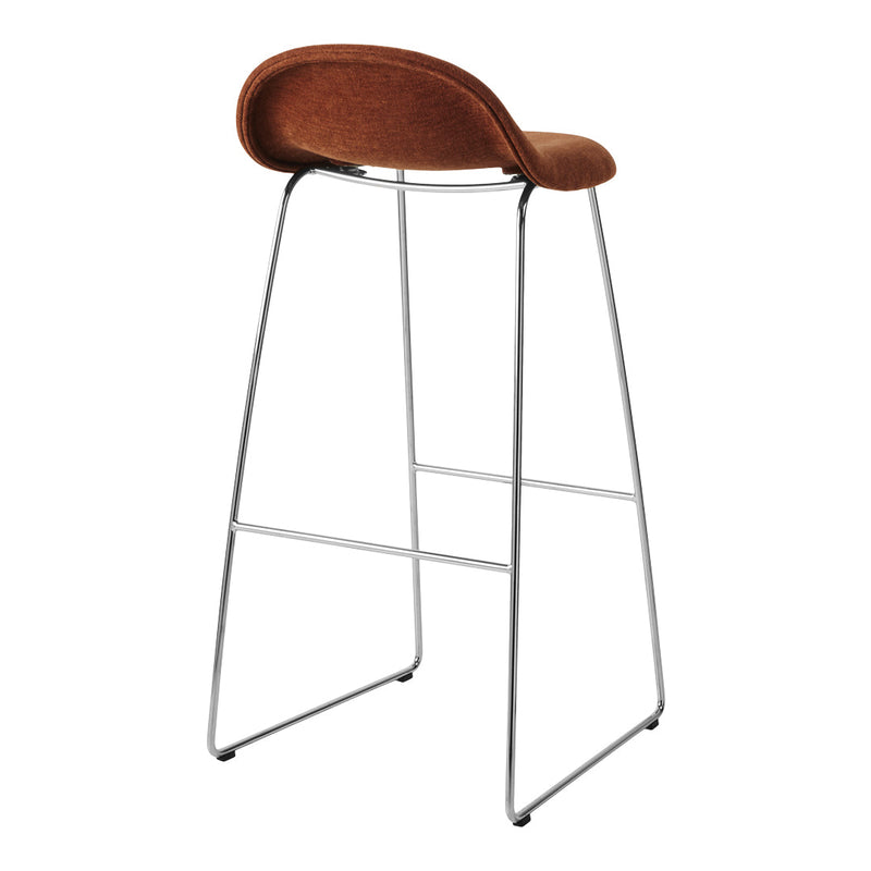 Brown upholstered bar stool with a sleek chrome frame, featuring a minimalist design and modern aesthetic.