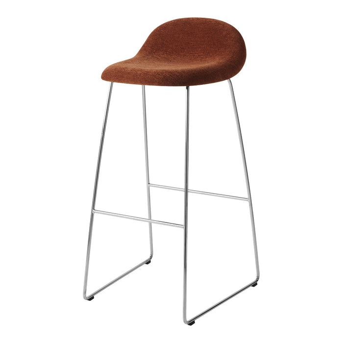 Rust-brown upholstered bar stool with sleek chrome legs, perfect for modern dining or kitchen spaces.