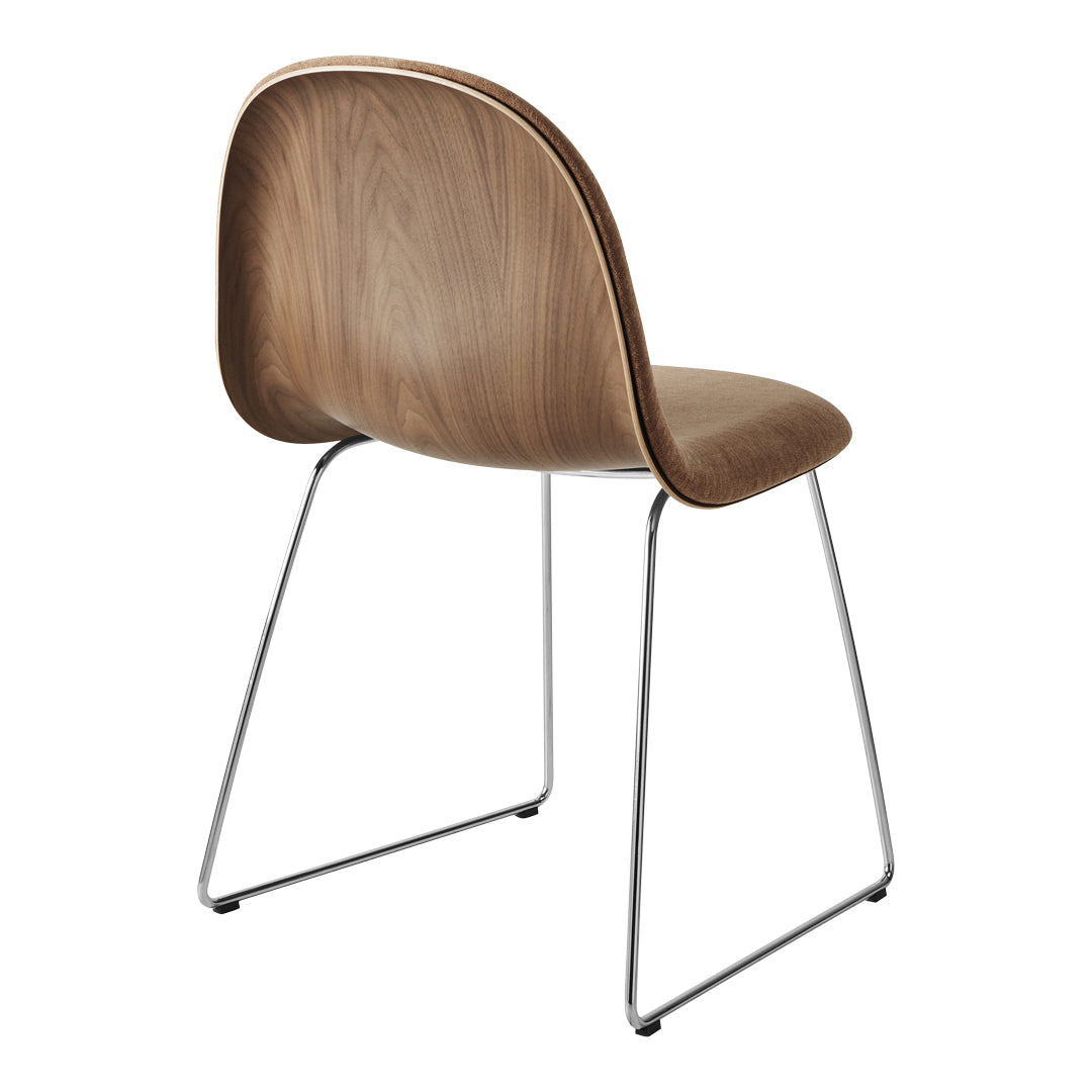 Modern wooden chair with a rich walnut finish and sleek chrome legs, showcasing a smooth, minimalist design.