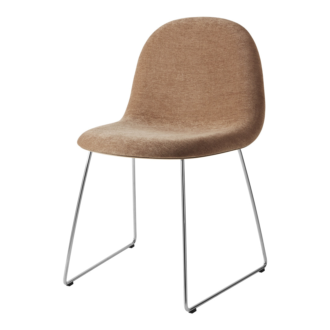 Brown upholstered chair with a smooth texture and chrome legs. Ideal for modern dining or office spaces.