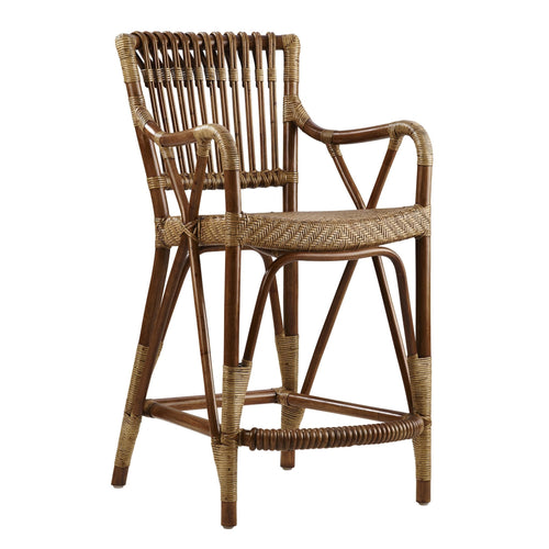 Rattan bar stool featuring natural brown tones and a woven pattern for a stylish, rustic look.