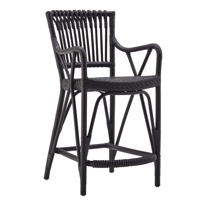 Black woven bar stool with sleek, minimalist design and vertical ribbed pattern for a modern touch.