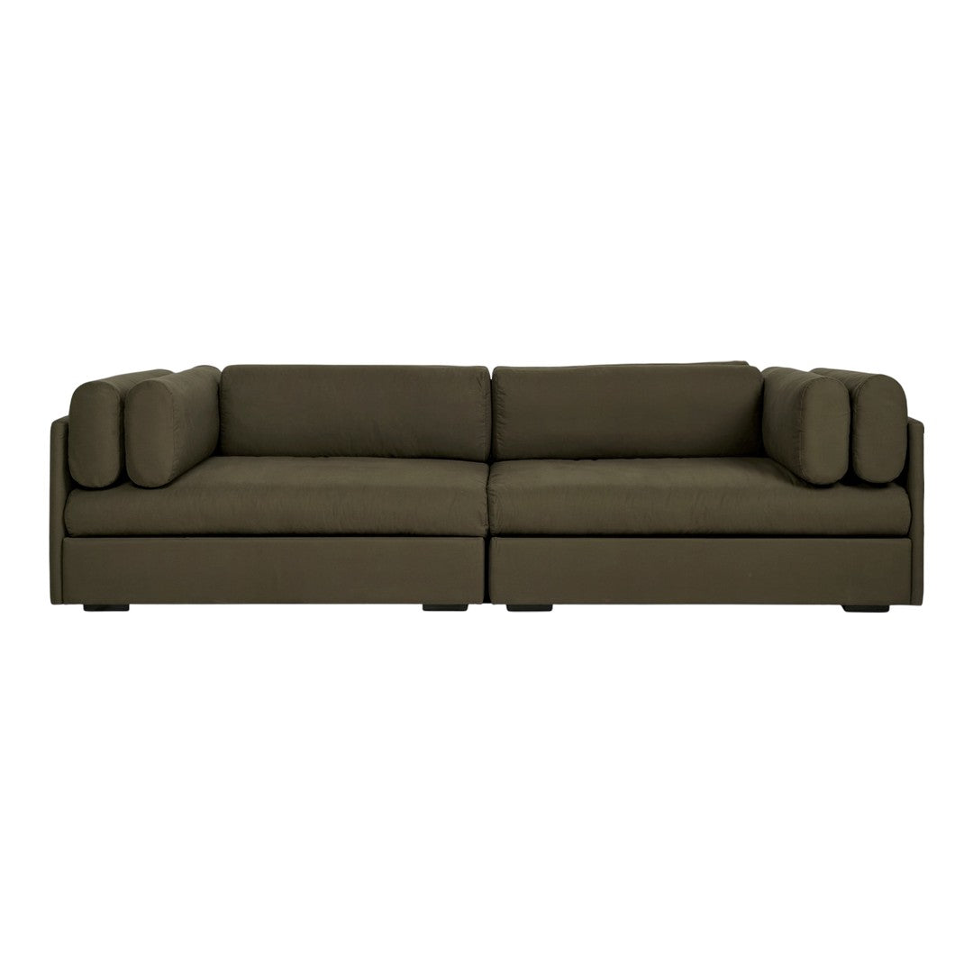 Olive green modern sofa with clean lines and plush cushions, perfect for contemporary living spaces.