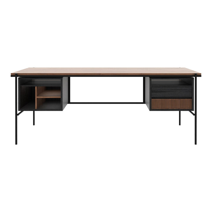 Modern black and walnut desk featuring a sleek wood surface and minimalist storage compartments. Perfect for stylish workspaces.