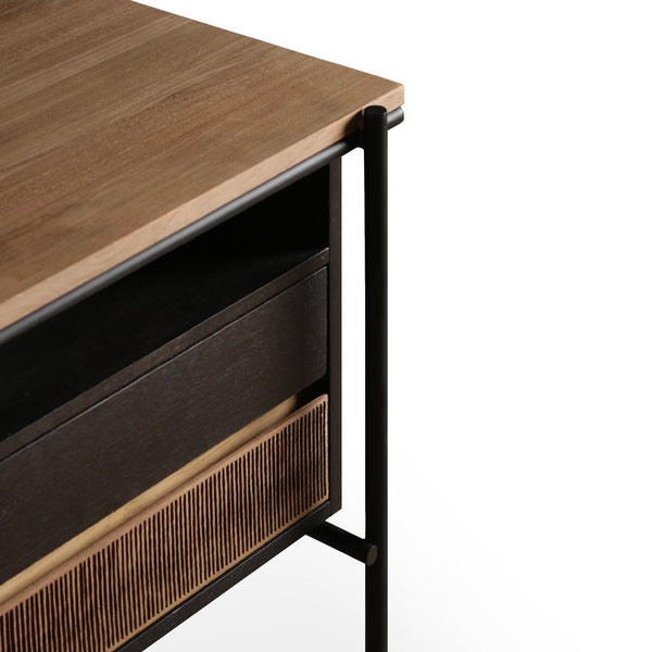 "Wooden tabletop with light brown finish; black and dark brown drawer patterns create a modern, stylish design."