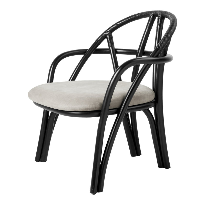 Black rattan chair with sleek lines and a soft grey fabric seat for a modern, stylish look.