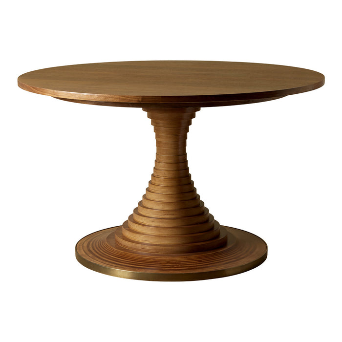 Round wooden table featuring a spiral pedestal base, showcasing rich brown tones and smooth, polished surfaces.