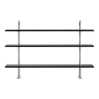 Black wooden shelves with chrome accents, featuring a sleek, modern design and clean lines. Perfect for any decor.