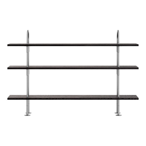 Black wooden shelves with chrome accents, featuring a sleek, modern design and clean lines. Perfect for any decor.