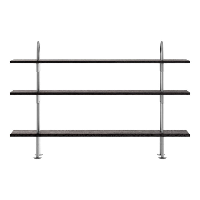Black wooden shelves with chrome accents, featuring a sleek, modern design and clean lines. Perfect for any decor.