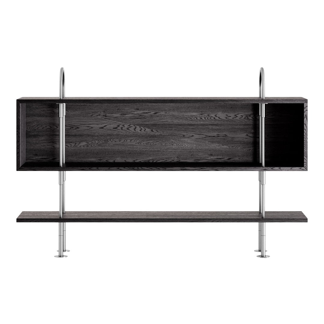 Black wood shelving unit with sleek silver metal accents and a minimalist design. Modern, stylish, and contemporary decor.