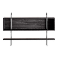 Black wood shelving unit with sleek silver metal accents and a minimalist design. Modern, stylish, and contemporary decor.