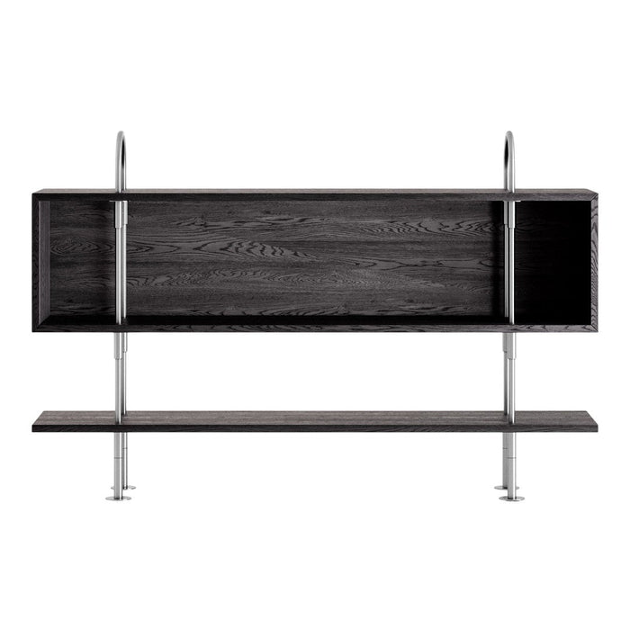 Black wood shelving unit with sleek silver metal accents and a minimalist design. Modern, stylish, and contemporary decor.