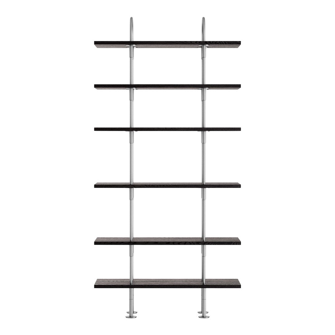 Modern black wood shelves with sleek silver metal accents, showcasing a minimalist design. Perfect for stylish storage.