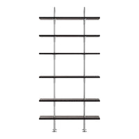 Modern black wood shelves with sleek silver metal accents, showcasing a minimalist design. Perfect for stylish storage.