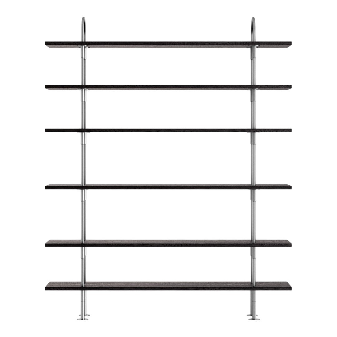 Sleek black wooden shelves with metallic chrome supports, creating a modern, minimalist style.