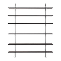 Sleek black wooden shelves with metallic chrome supports, creating a modern, minimalist style.