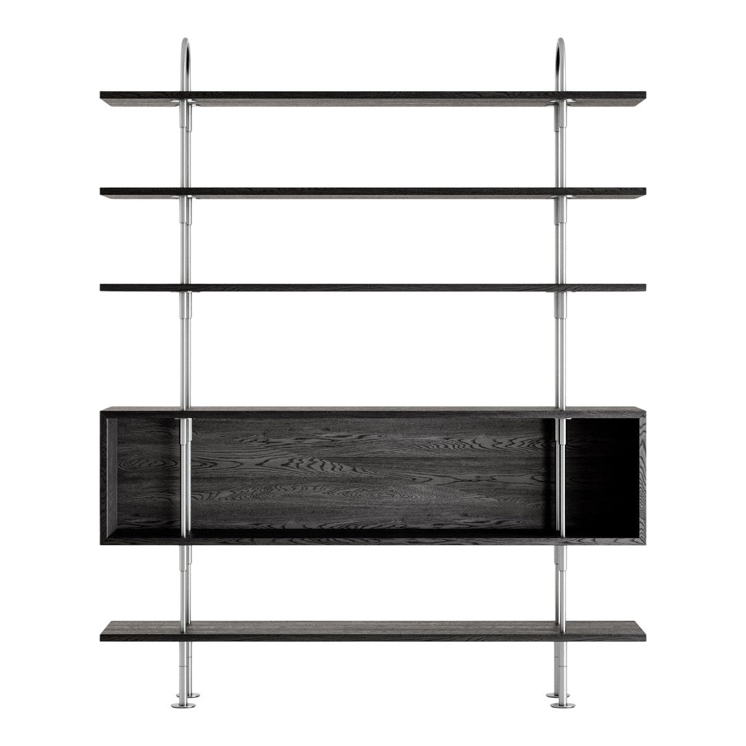 Black wooden shelving unit with sleek chrome accents and minimalist design, featuring open and closed storage spaces.
