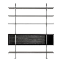 Black wooden shelving unit with sleek chrome accents and minimalist design, featuring open and closed storage spaces.