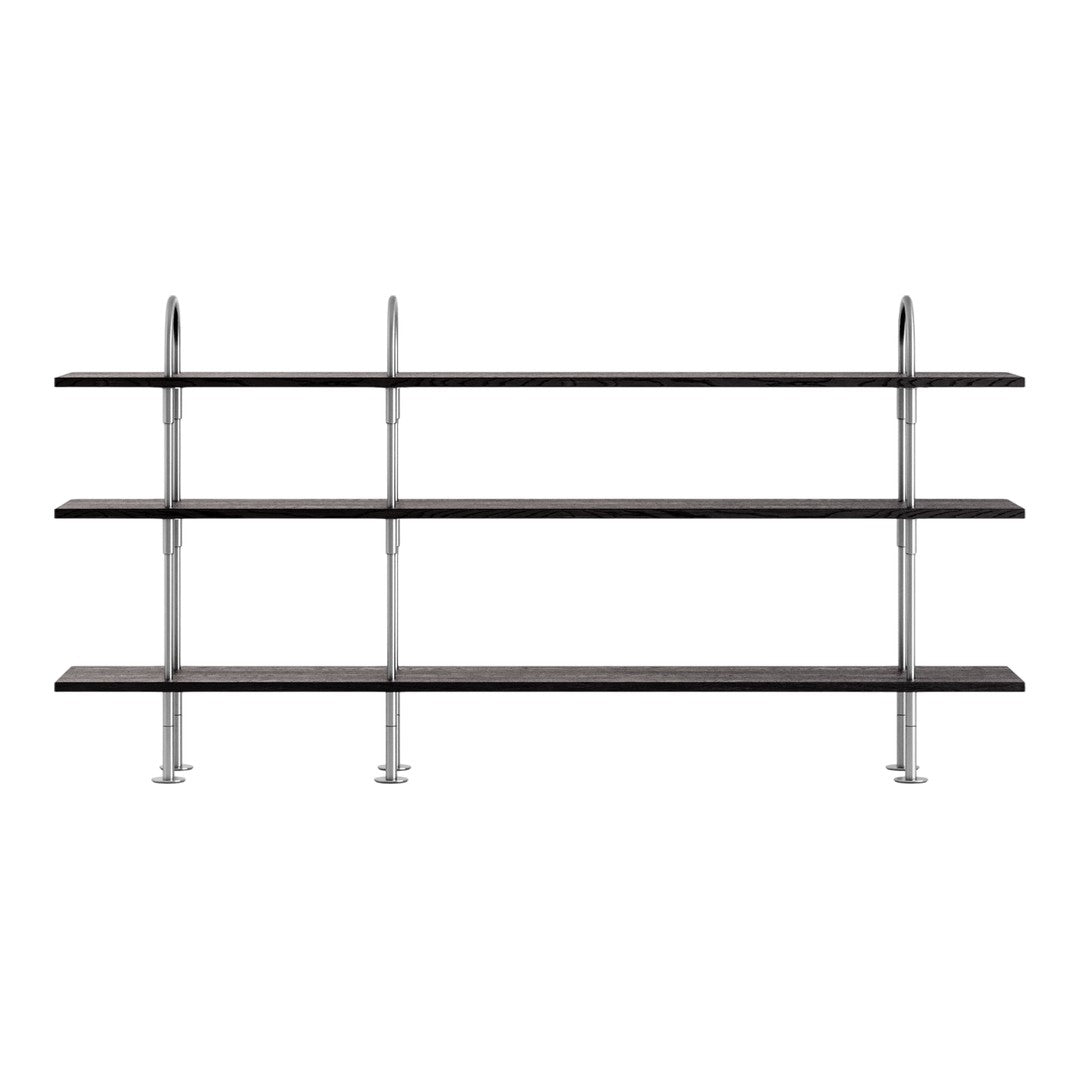 Modern black wooden shelves with sleek silver metal supports, designed for stylish storage and display.