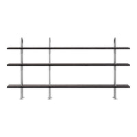 Modern black wooden shelves with sleek silver metal supports, designed for stylish storage and display.