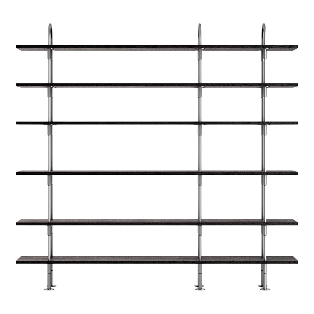 Black wooden shelves with a sleek silver metal frame, showcasing a modern, minimalistic design.