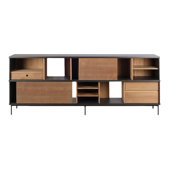 Modern black and natural wood cabinet with a mix of open shelves and textured woven patterns. Stylish and functional design.