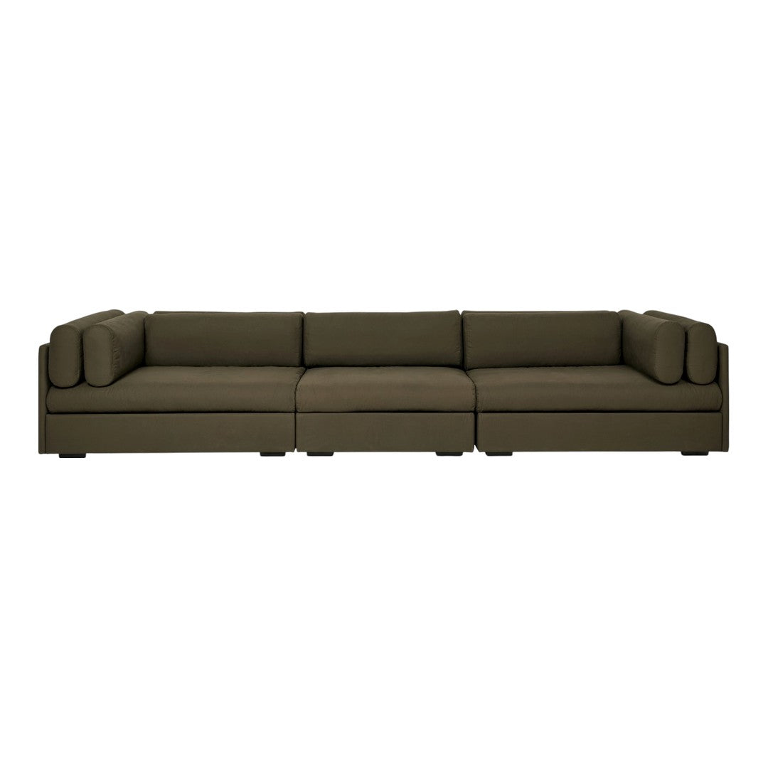 "Modern sectional sofa in a deep olive green fabric with a sleek, minimalist design."