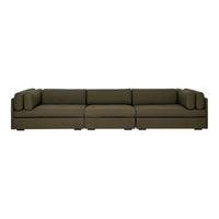 "Modern sectional sofa in a deep olive green fabric with a sleek, minimalist design."