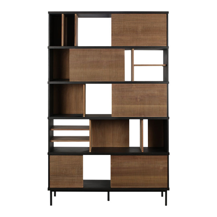 Modern bookshelf featuring a mix of dark black and warm wood finishes with geometric patterns in the design.