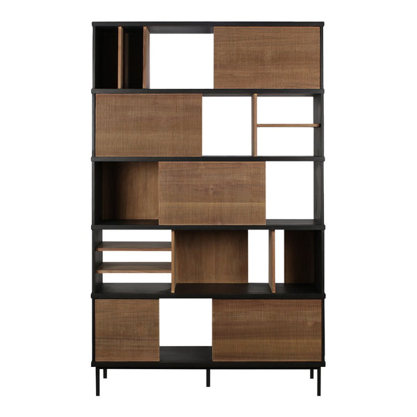 Modern bookshelf featuring a mix of natural wood tones and black accents with geometric patterns and open compartments.