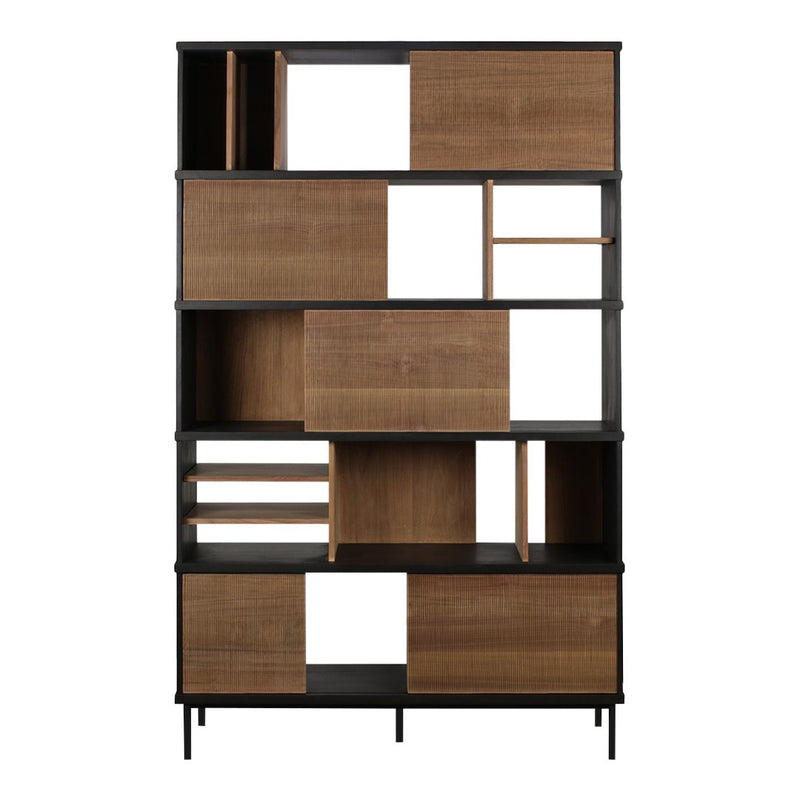 Modern bookshelf featuring a mix of natural wood tones and black accents with geometric patterns and open compartments.