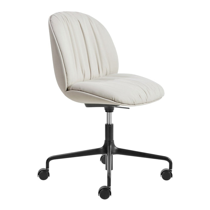 Textured cream-colored office chair with a sleek black base and rolling casters. Perfect for modern decor.