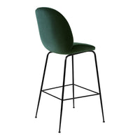 Green upholstered bar stool with a sleek black metal frame, featuring a modern minimalist design.