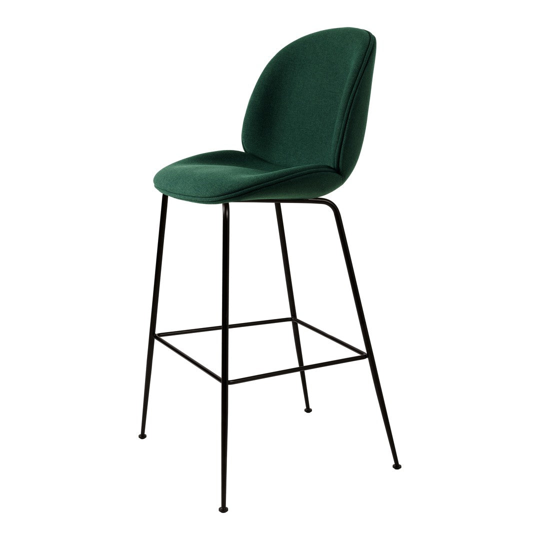 Green upholstered bar stool with a smooth, curved back and sleek black metal legs.  Modern and stylish design.