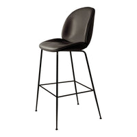 Black upholstered bar stool with a sleek, minimalist design and a sturdy black metal frame. Perfect for modern spaces.