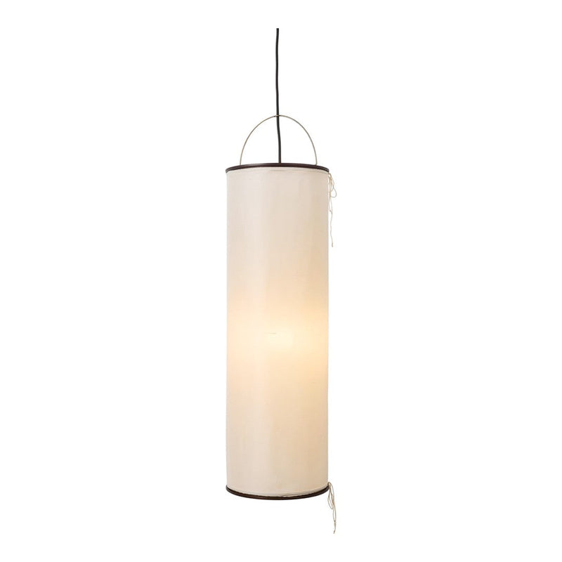 White cylindrical pendant light with a minimalistic design and a subtle, warm glow.