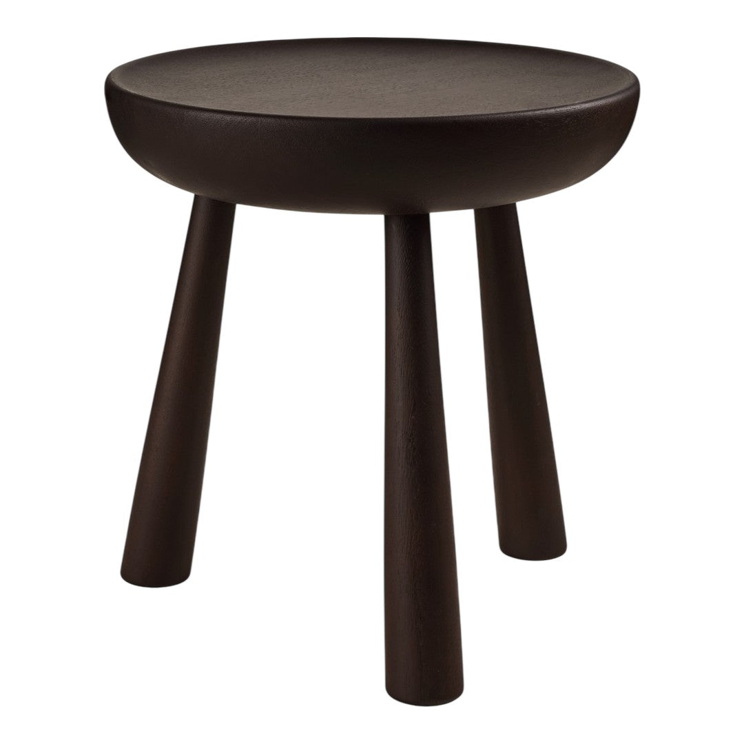 Round black stool with smooth surface and four tapered legs, showcasing a minimalist design and modern aesthetic.