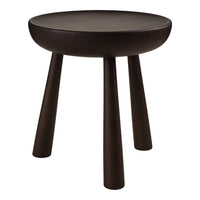 Round black stool with smooth surface and four tapered legs, showcasing a minimalist design and modern aesthetic.