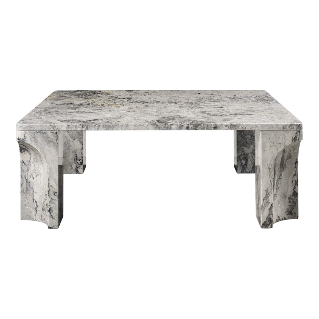 Gray marble coffee table with stunning veining patterns and a sleek rectangular design. Perfect for modern decor.