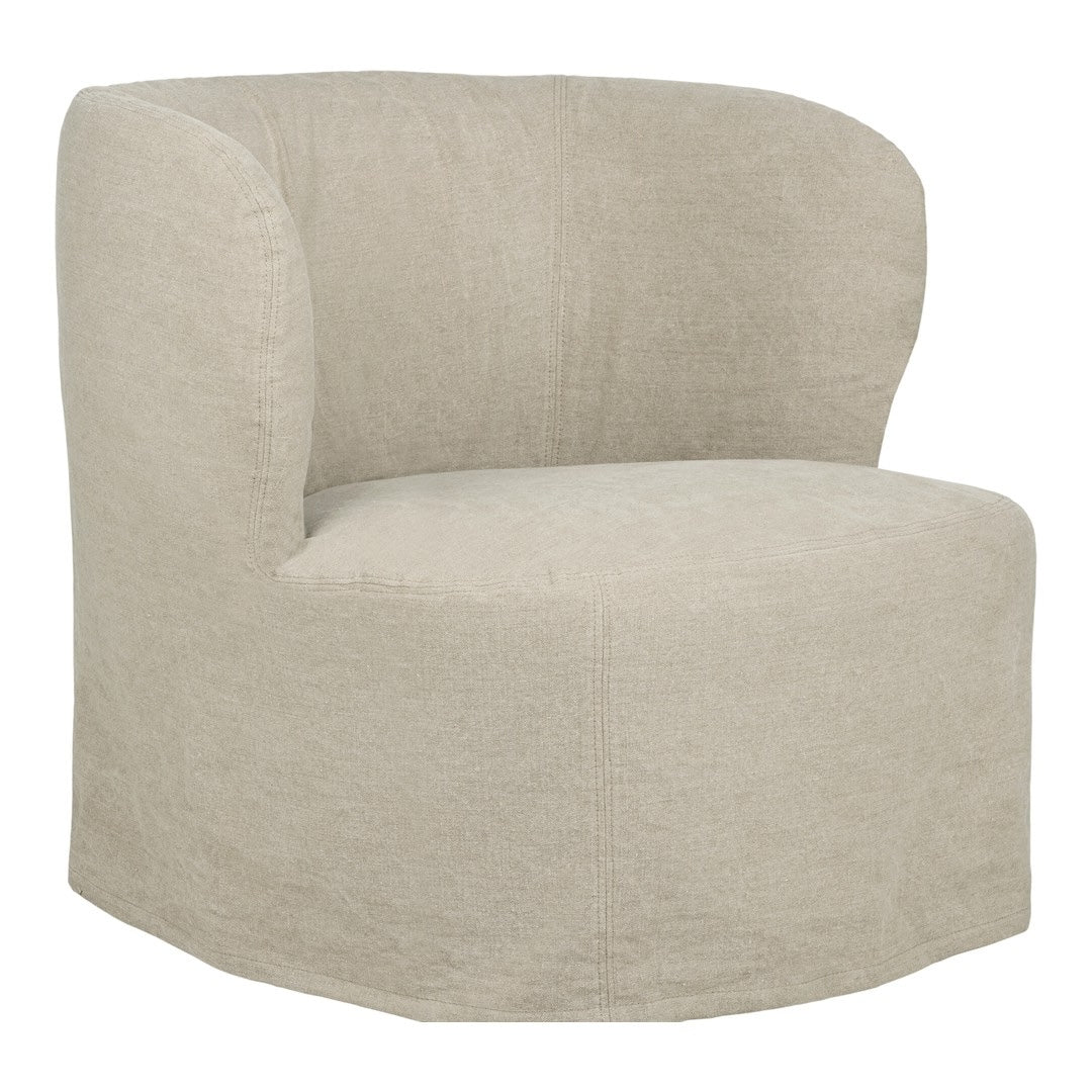 Light beige, textured barrel chair with a smooth, minimalist design, perfect for modern decor.