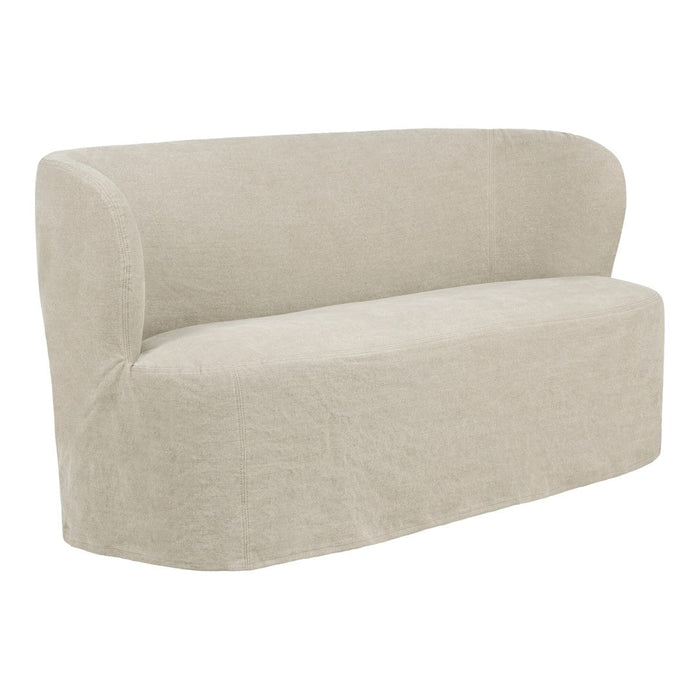 Curved beige sofa with a smooth, textured fabric in a minimalistic design, perfect for modern decor.