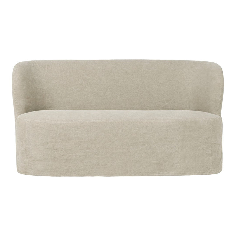 Beige upholstered sofa with a smooth, minimalist design and curved edges. Perfect for modern decor.