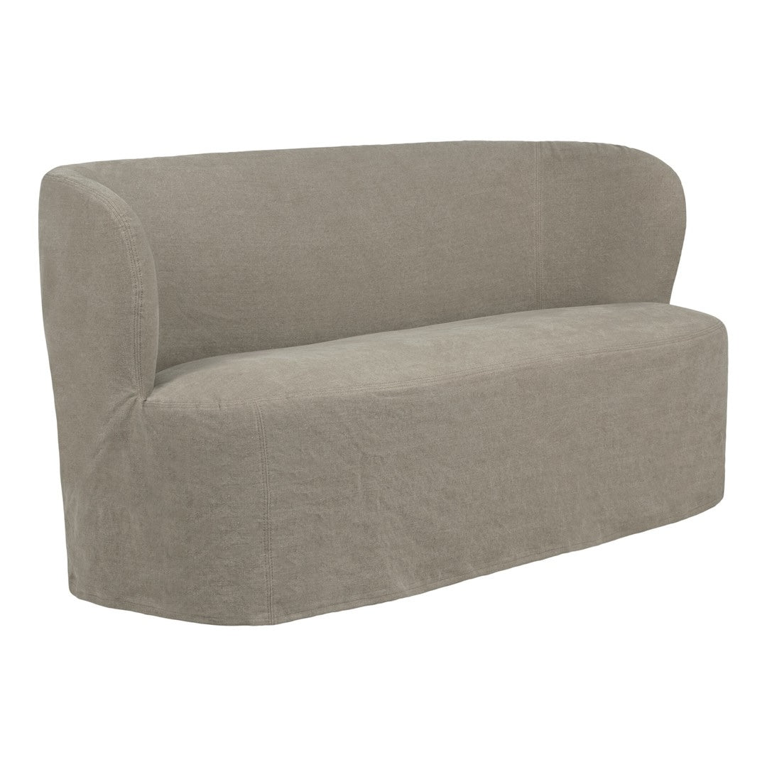 Soft taupe fabric loveseat with smooth, curved lines and no visible patterns, ideal for modern decor.